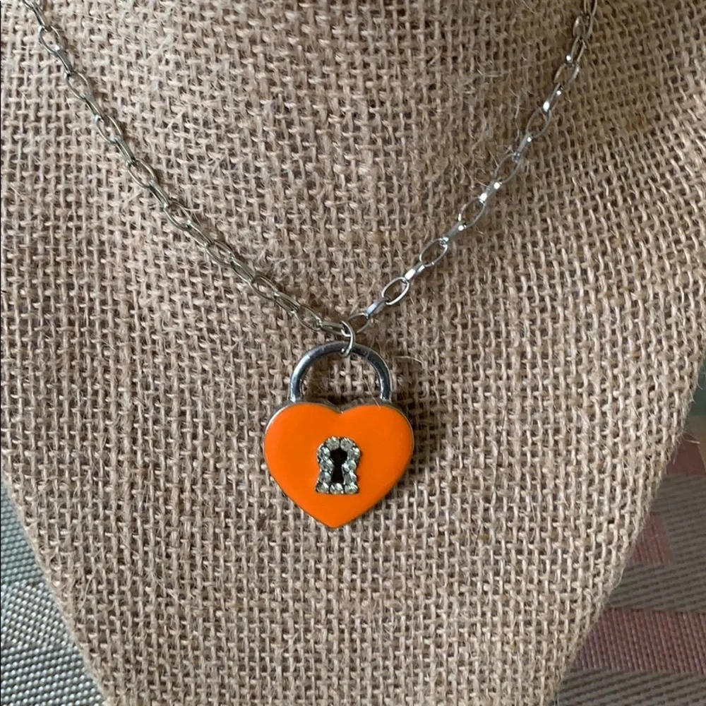 Girls Orange Heart Lock Rhinestone Keyhole Pendant Necklace